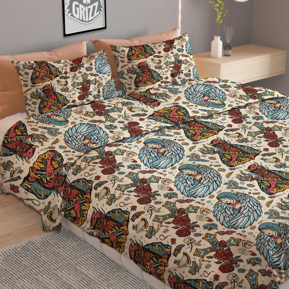Angel And Demon Old School Tattoo Print Pattern Duvet Cover Bedding Set - Image 2