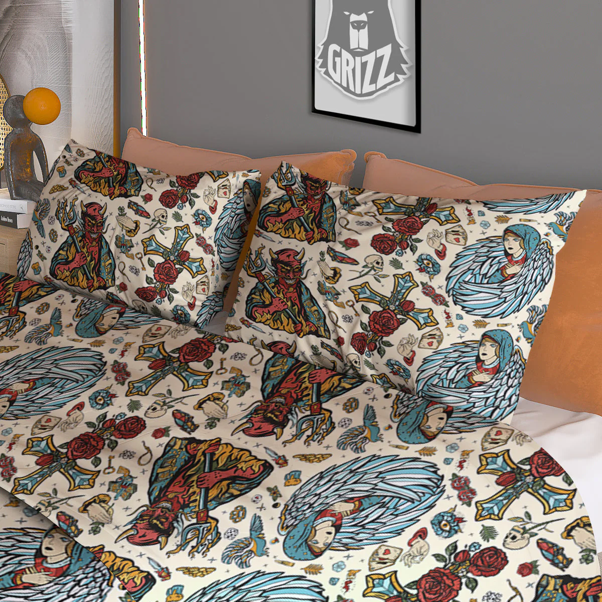 Angel And Demon Old School Tattoo Print Pattern Duvet Cover Bedding Set - Image 3