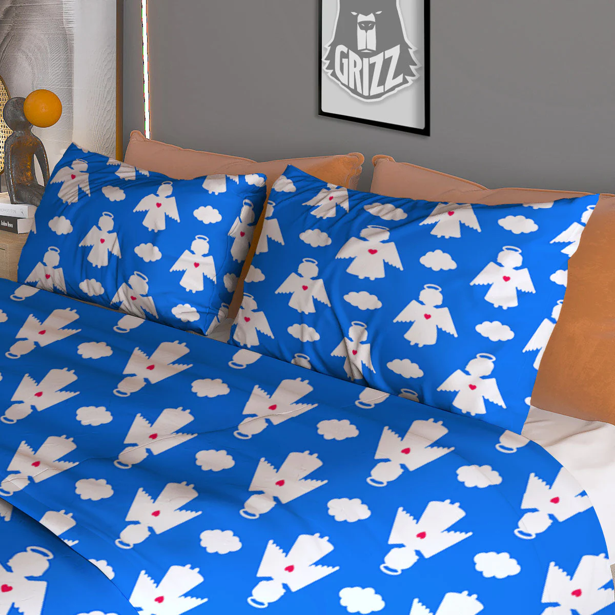 Angel White And Blue Print Pattern Duvet Cover Bedding Set - Image 3