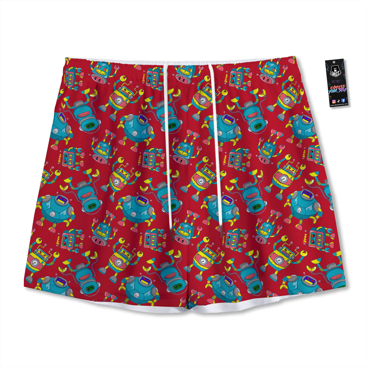 Angry Robot Print Pattern Mesh Shorts