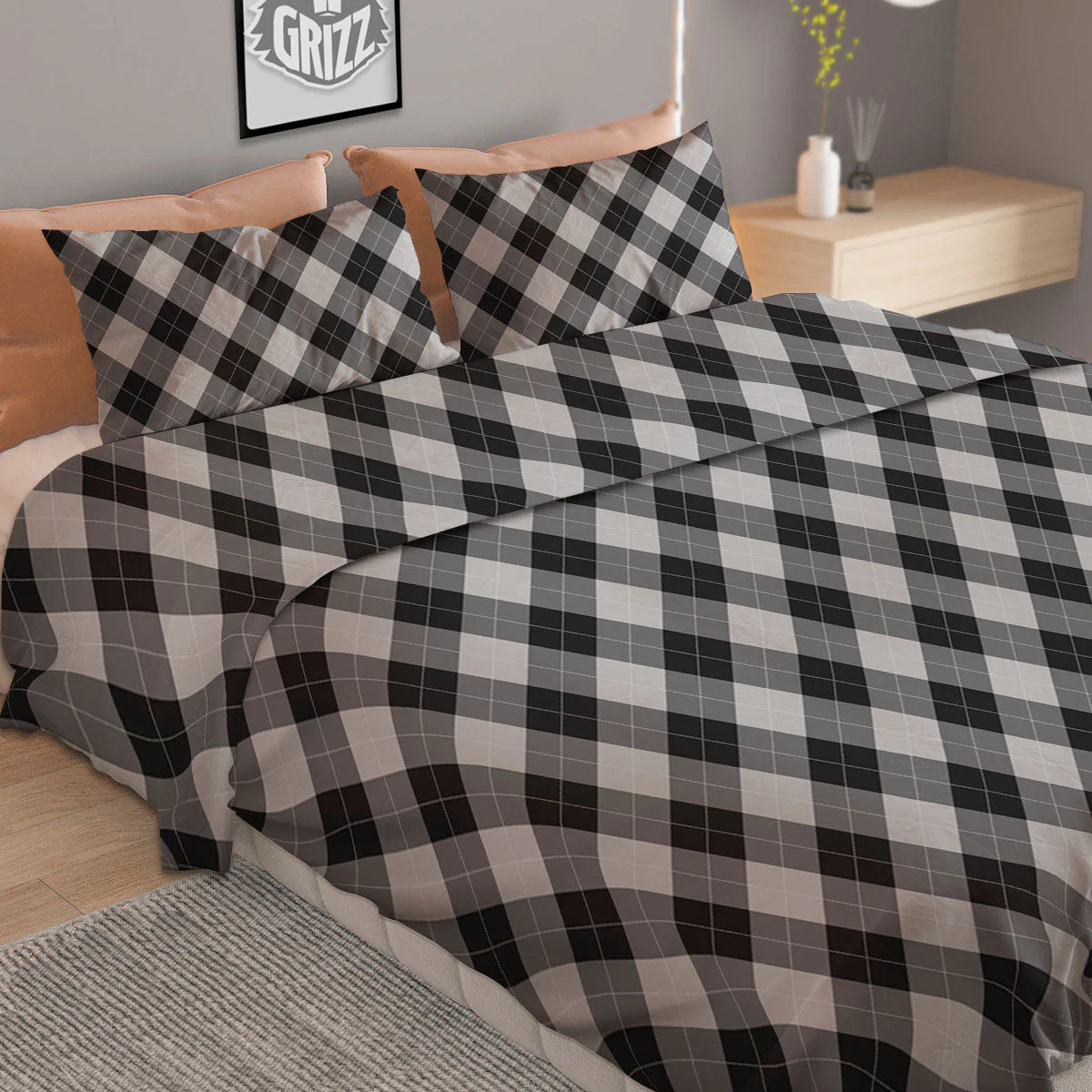 Argyle Black And Grey Print Pattern Duvet Cover Bedding Set - Image 2