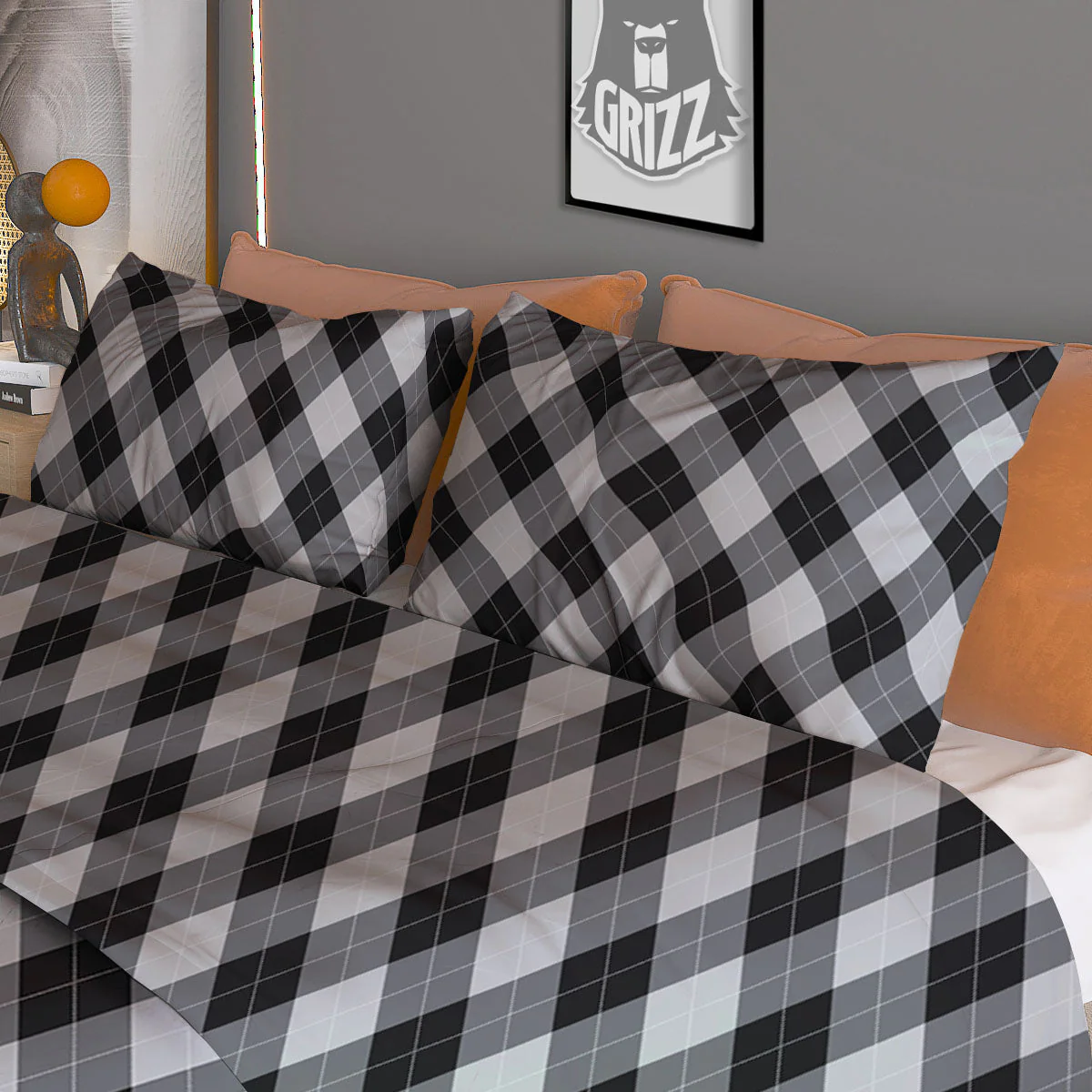 Argyle Black And Grey Print Pattern Duvet Cover Bedding Set - Image 3