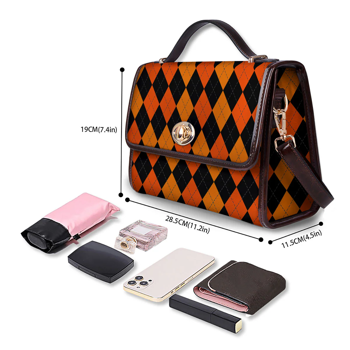 Argyle Black And Orange Print Pattern Women's Satchel Bag - Image 4