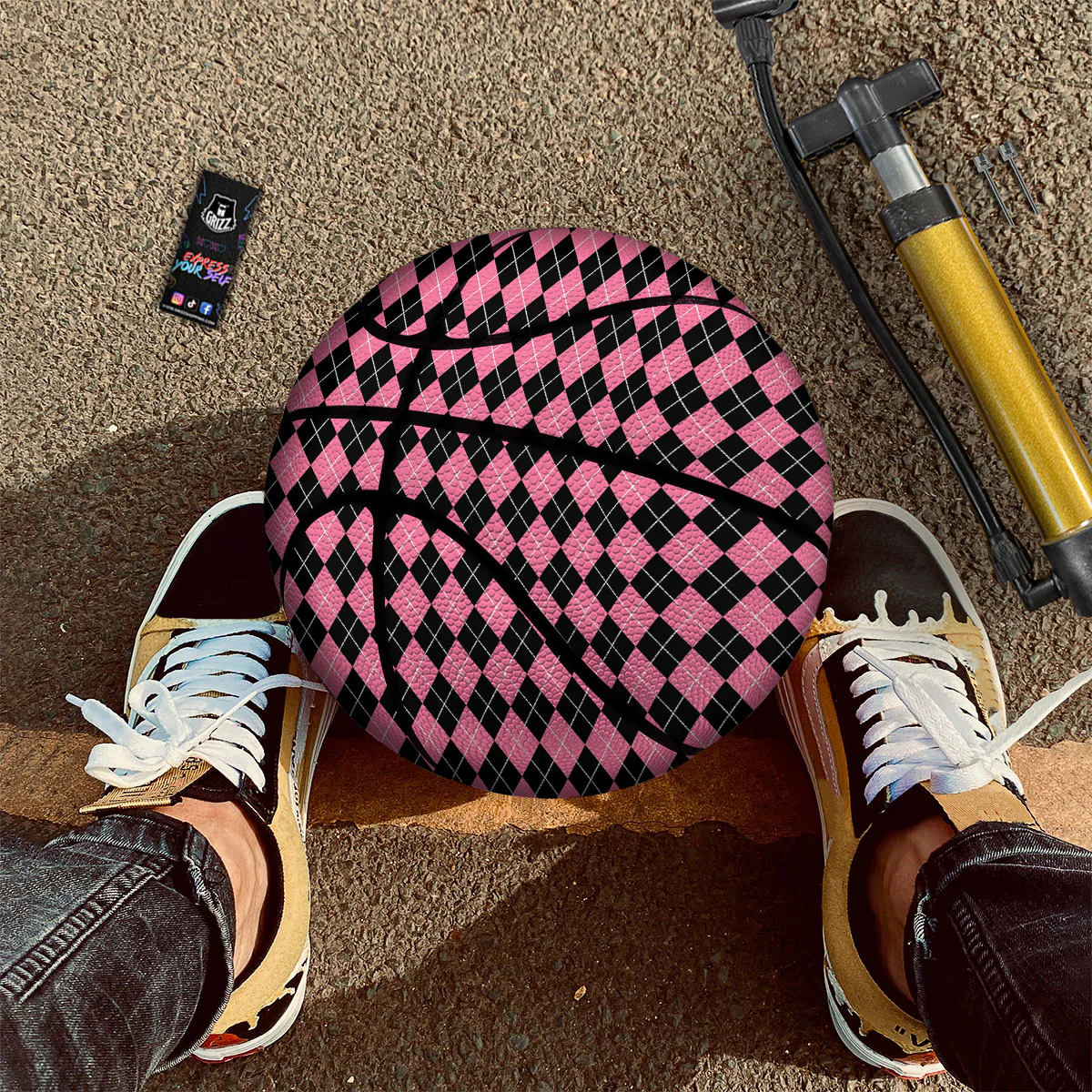 Argyle Black And Pink Print Pattern Basketball - Image 2