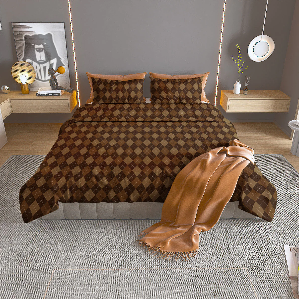 Argyle Brown Print Pattern Duvet Cover Bedding Set