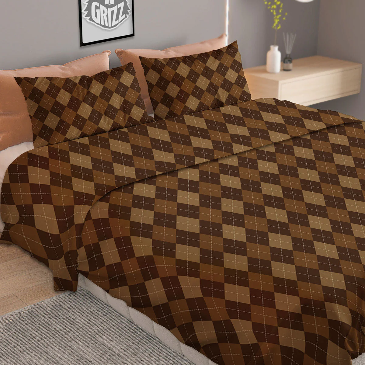 Argyle Brown Print Pattern Duvet Cover Bedding Set - Image 2
