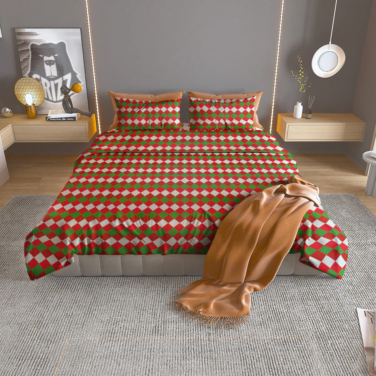 Argyle Christmas Themed Print Pattern Duvet Cover Bedding Set