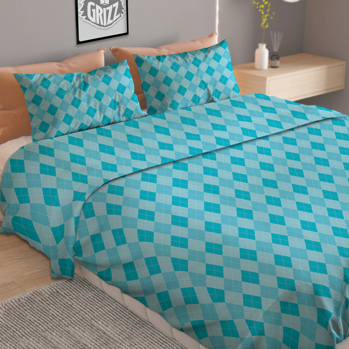 Argyle Classic Blue Print Pattern Duvet Cover Bedding Set - Image 2