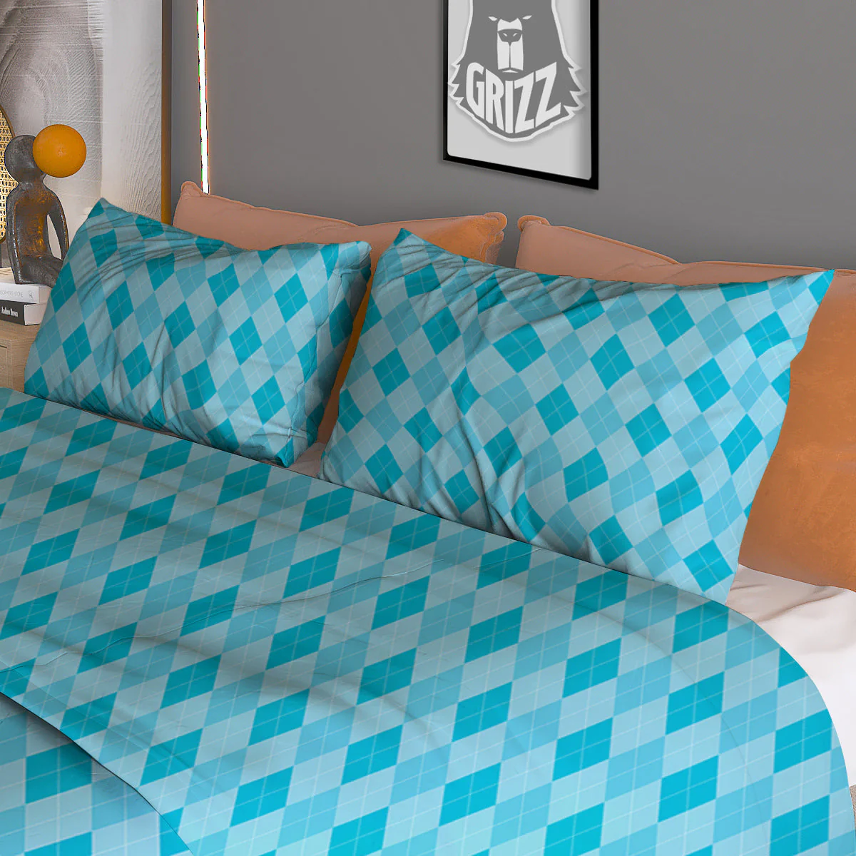 Argyle Classic Blue Print Pattern Duvet Cover Bedding Set - Image 3