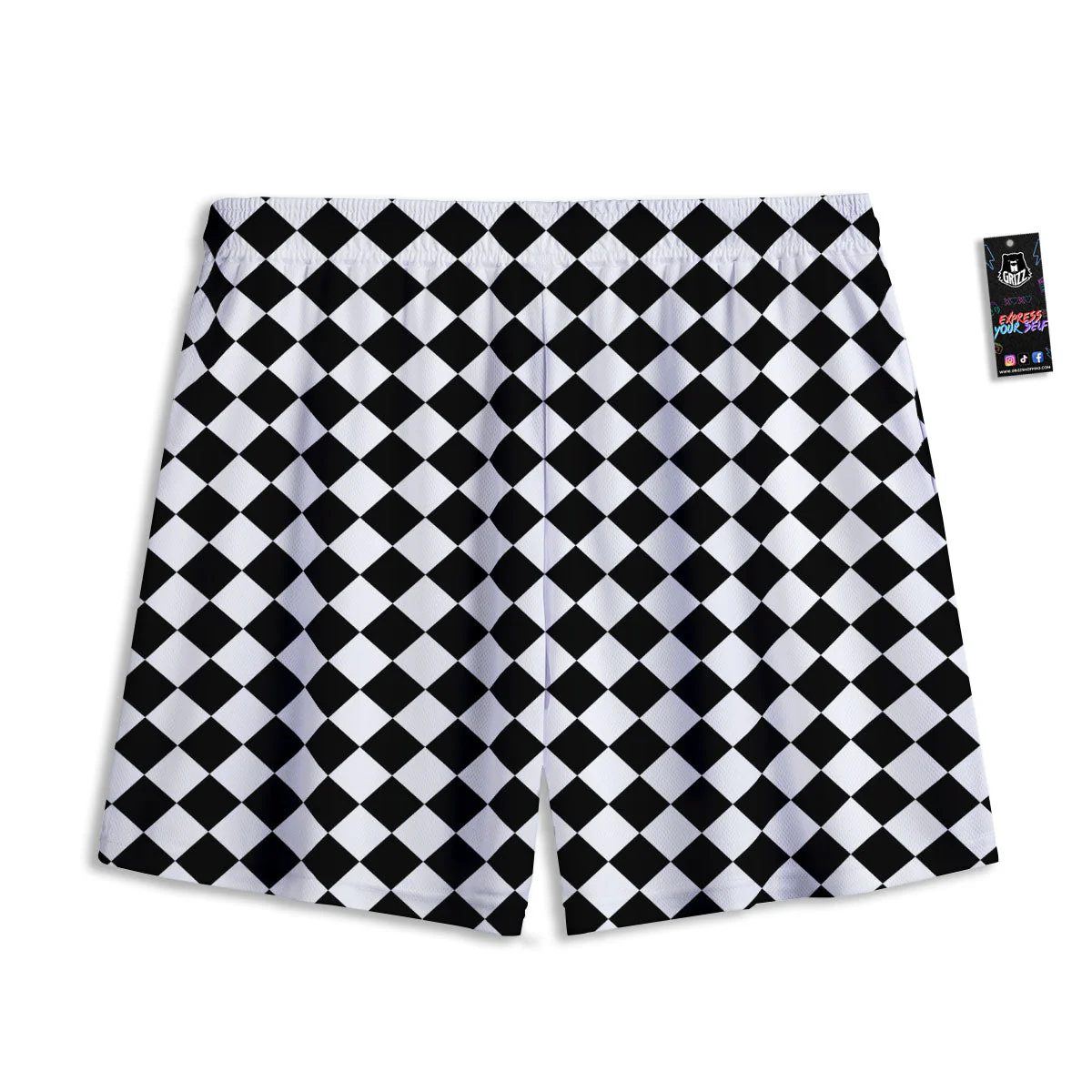 Argyle Diamond Shapes Black And White Print Pattern Mesh Shorts - Image 2
