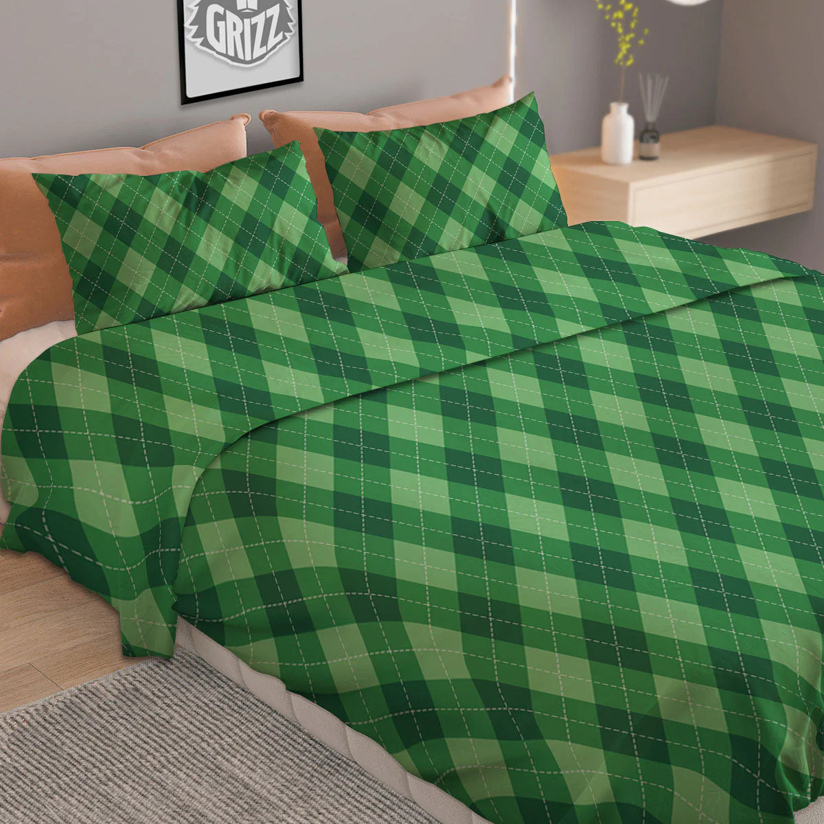 Argyle Forest Green Print Pattern Duvet Cover Bedding Set - Image 2