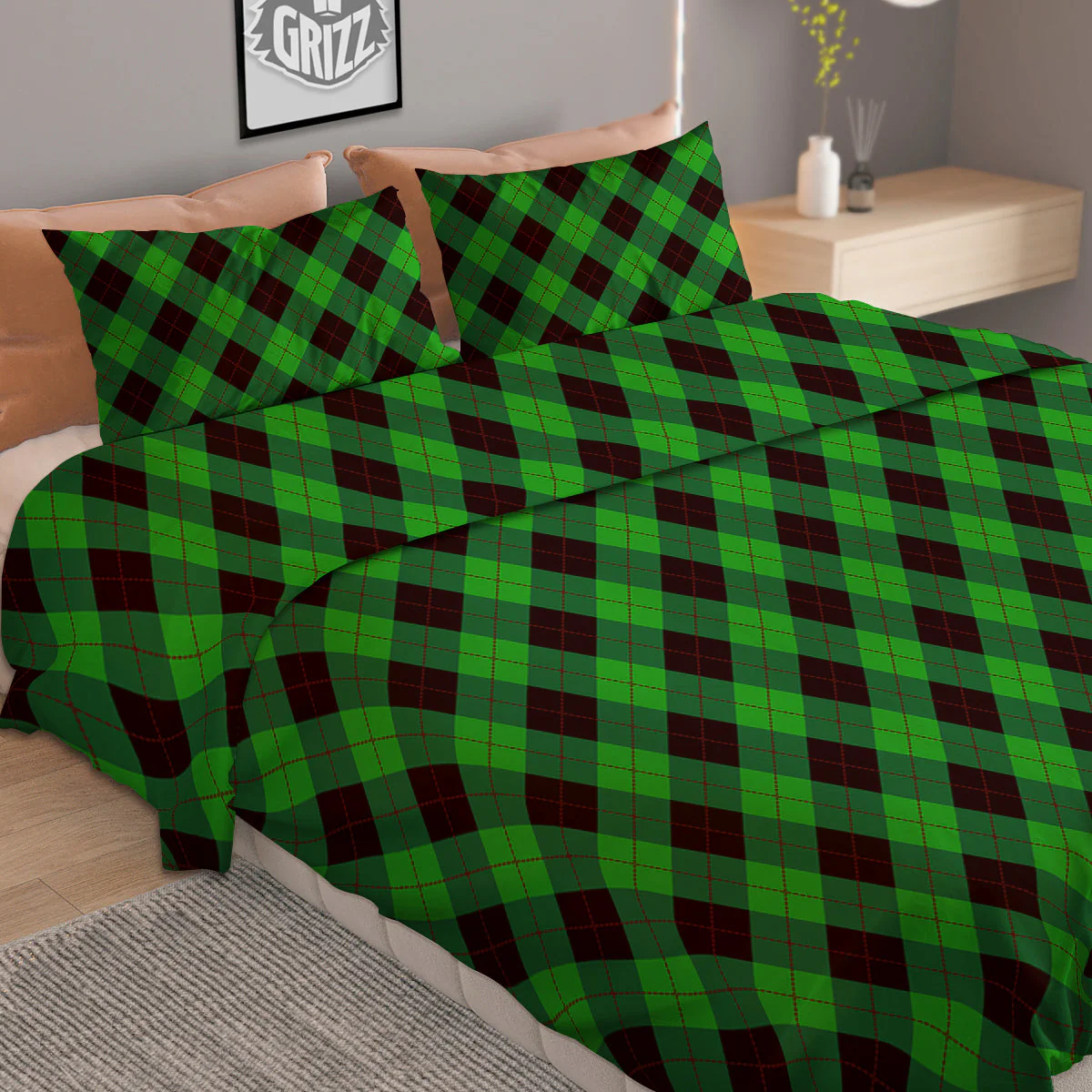 Argyle Green And Black Print Pattern Duvet Cover Bedding Set - Image 2