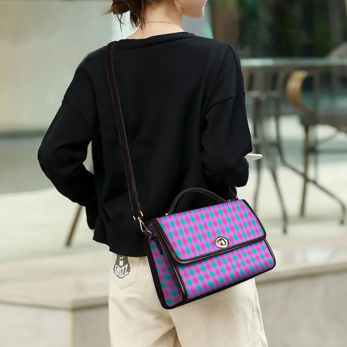 Argyle Green And Pink Print Pattern Women's Satchel Bag - Image 3