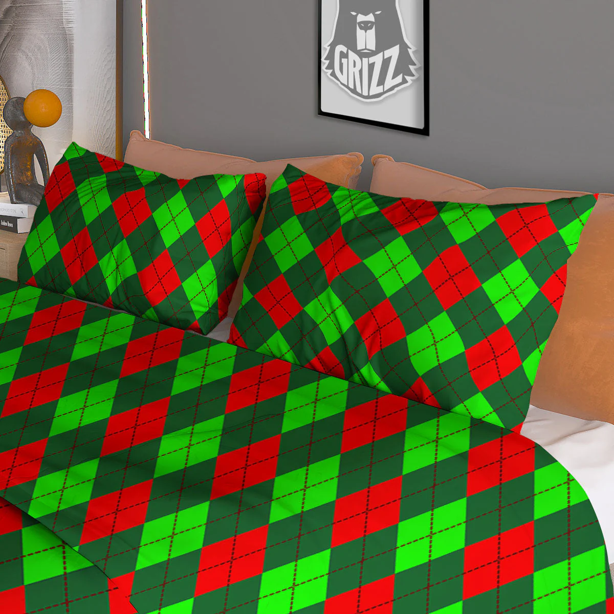 Argyle Green And Red Print Pattern Duvet Cover Bedding Set - Image 3