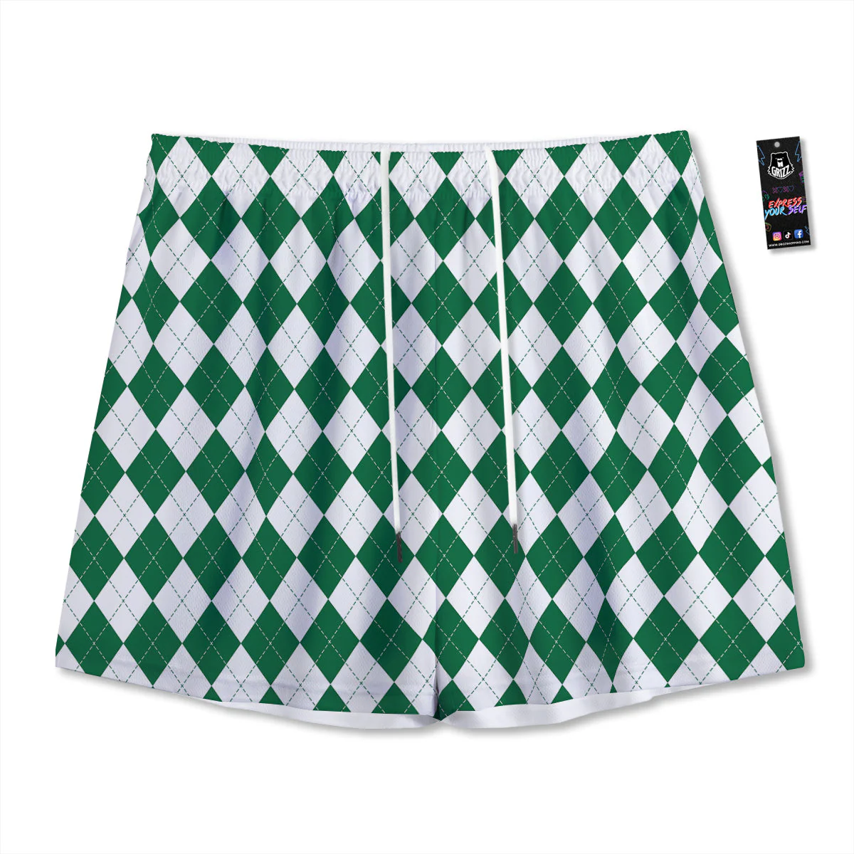Argyle Green And White Print Pattern Mesh Shorts