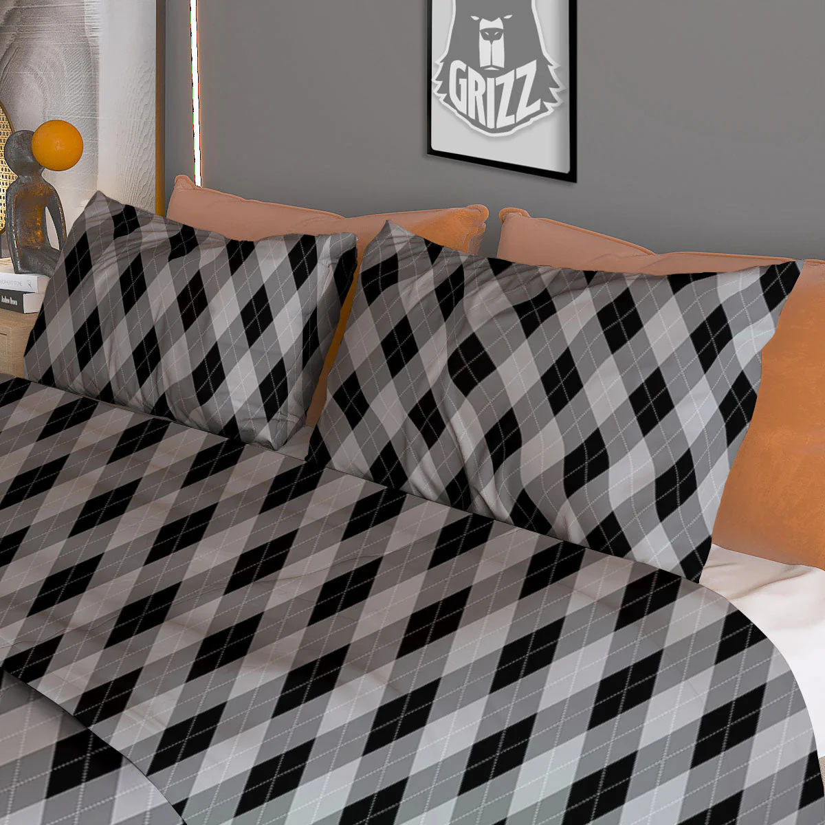 Argyle Grey And Black Print Pattern Duvet Cover Bedding Set - Image 3