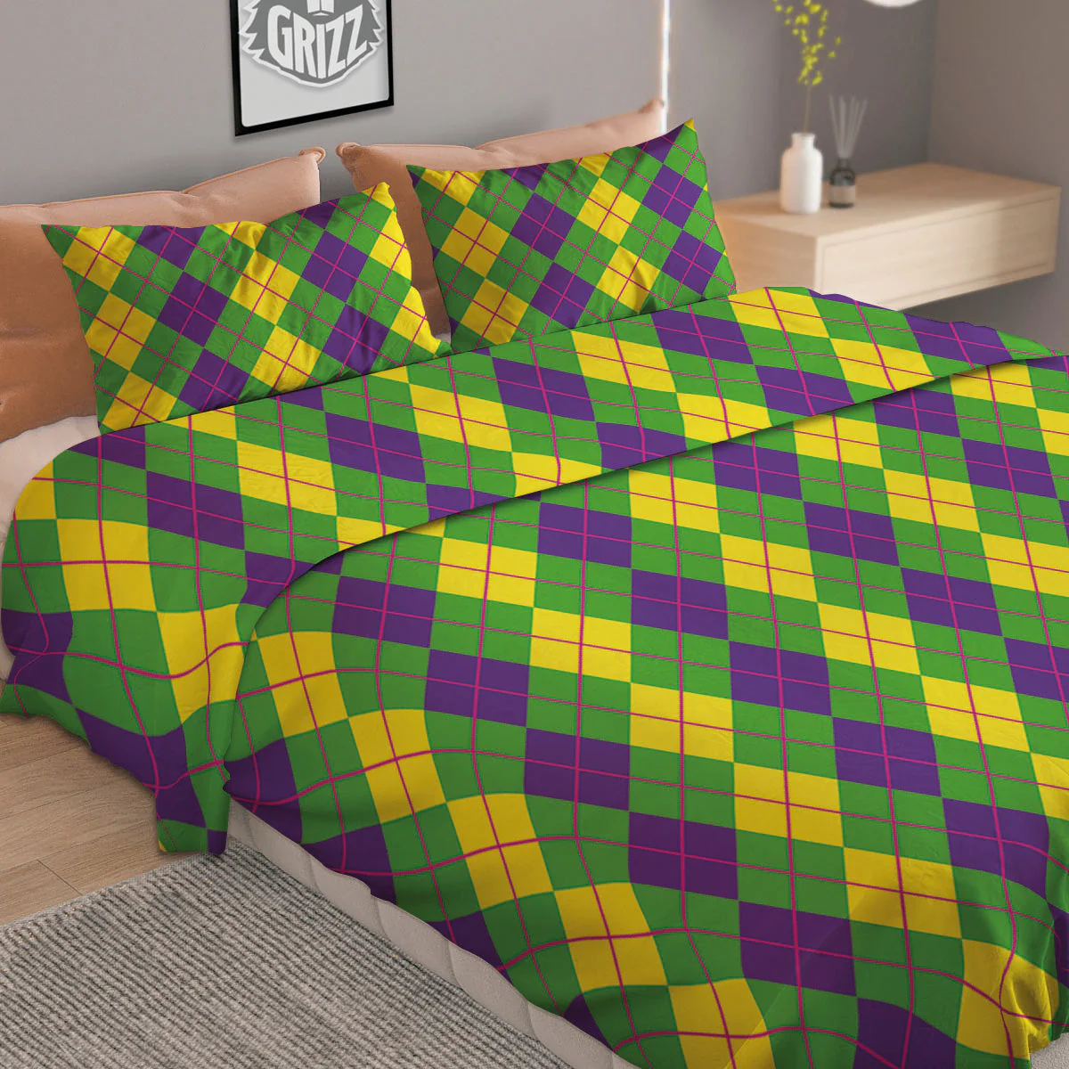 Argyle Mardi Gras Print Pattern Duvet Cover Bedding Set - Image 2