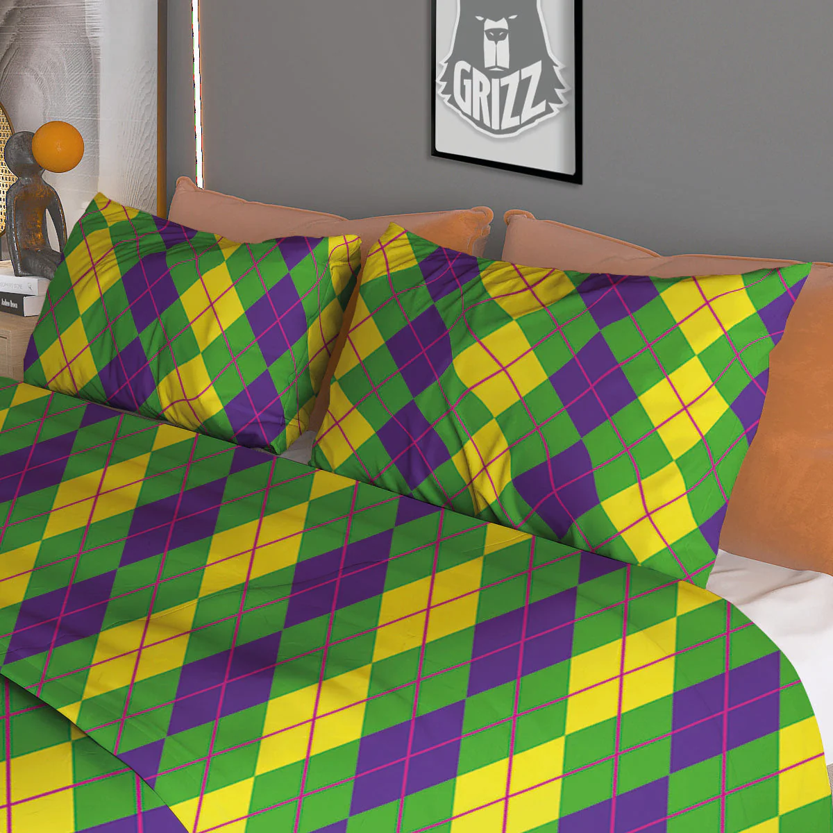 Argyle Mardi Gras Print Pattern Duvet Cover Bedding Set - Image 3