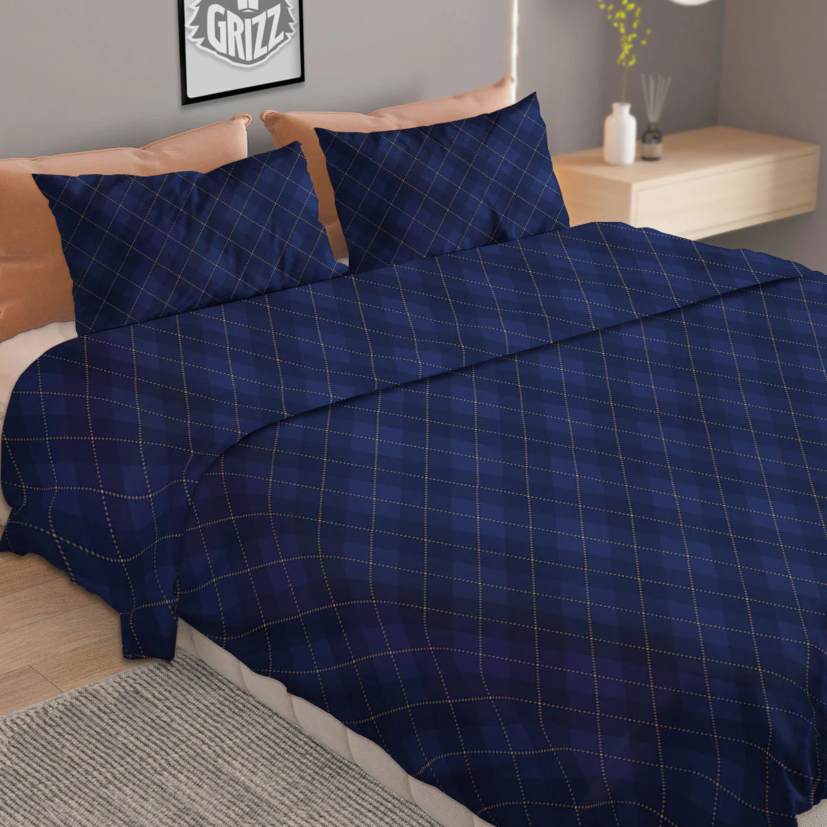 Argyle Navy Blue Print Pattern Duvet Cover Bedding Set - Image 2