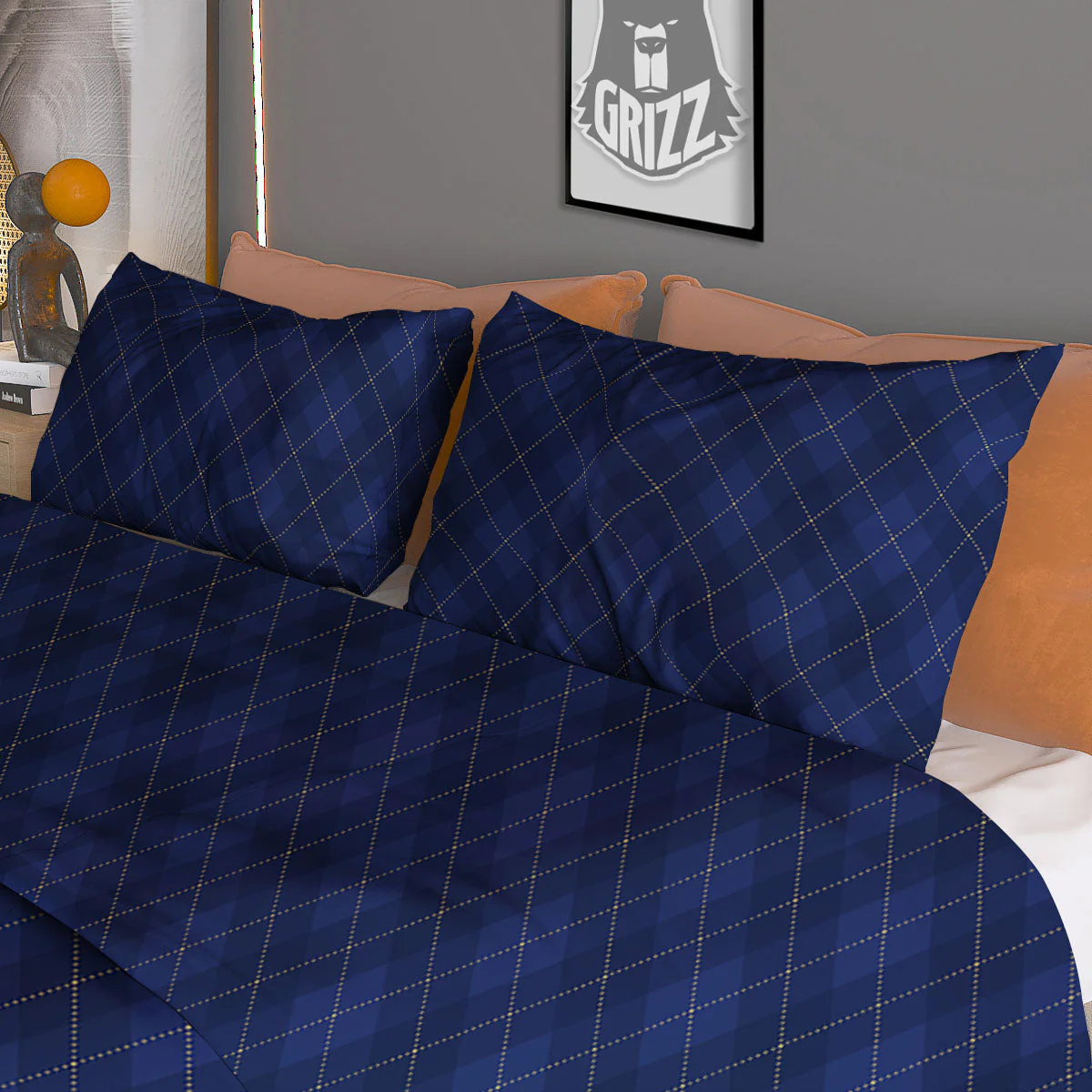 Argyle Navy Blue Print Pattern Duvet Cover Bedding Set - Image 3