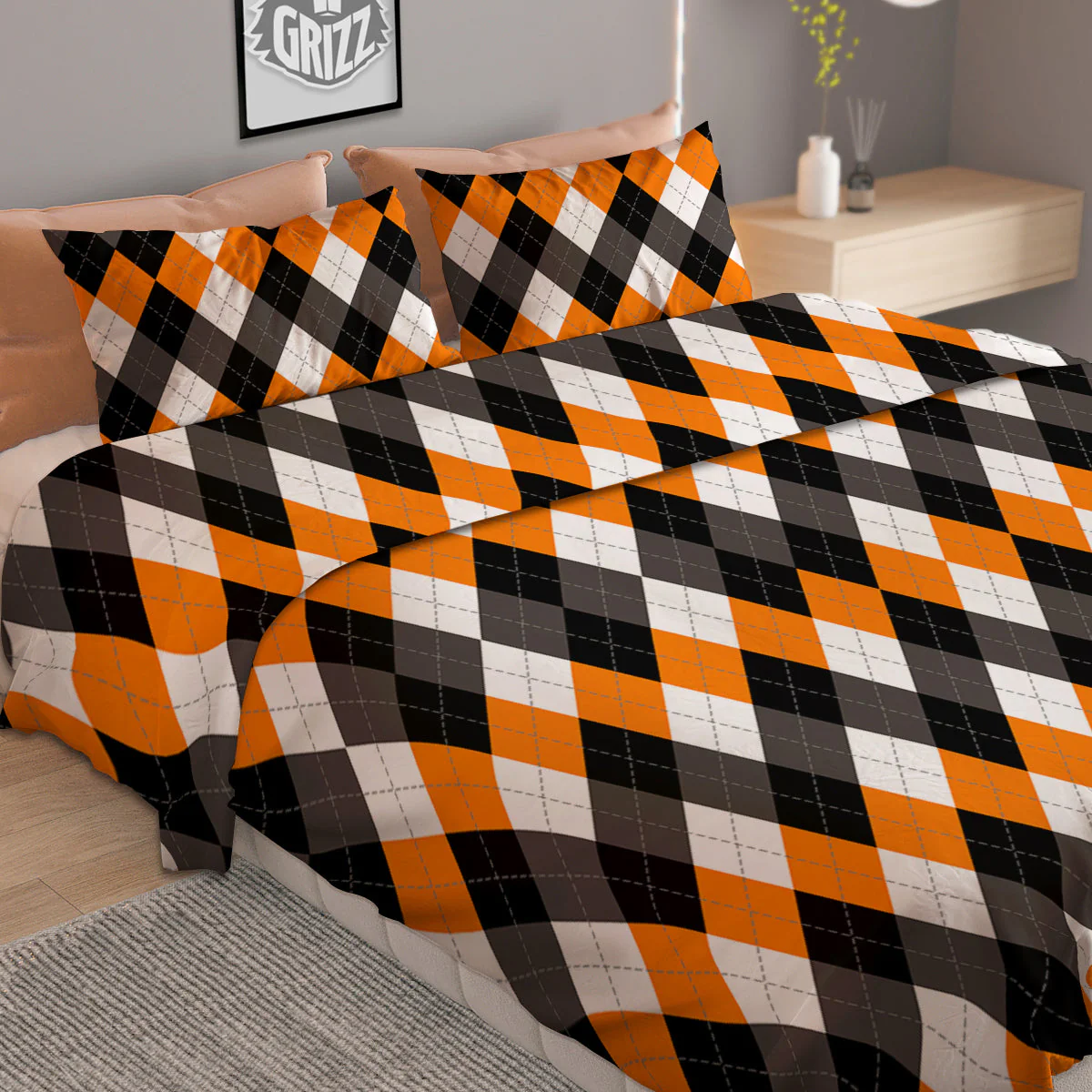 Argyle Orange Black And White Print Pattern Duvet Cover Bedding Set - Image 2