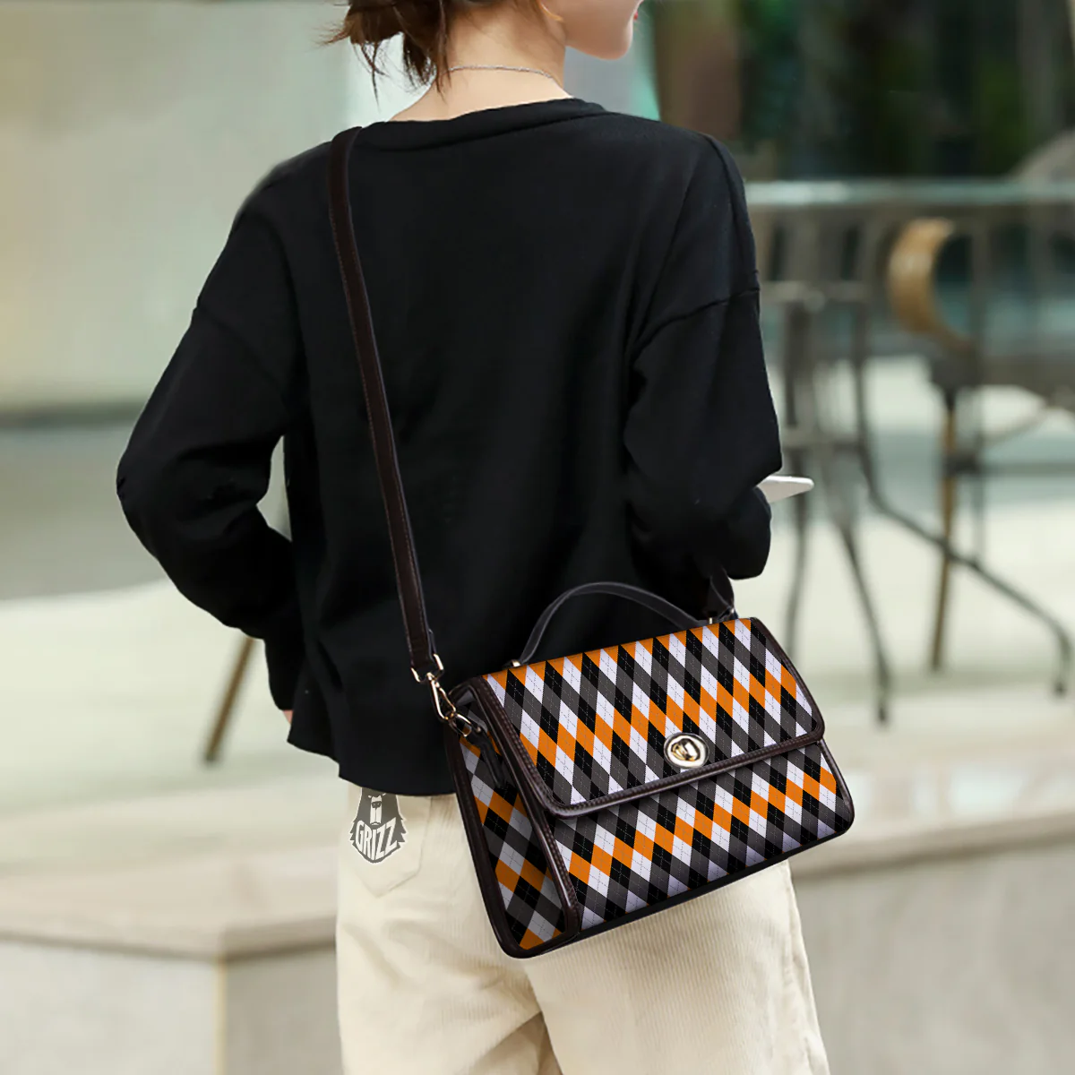 Argyle Orange Black And White Print Pattern Women's Satchel Bag - Image 3