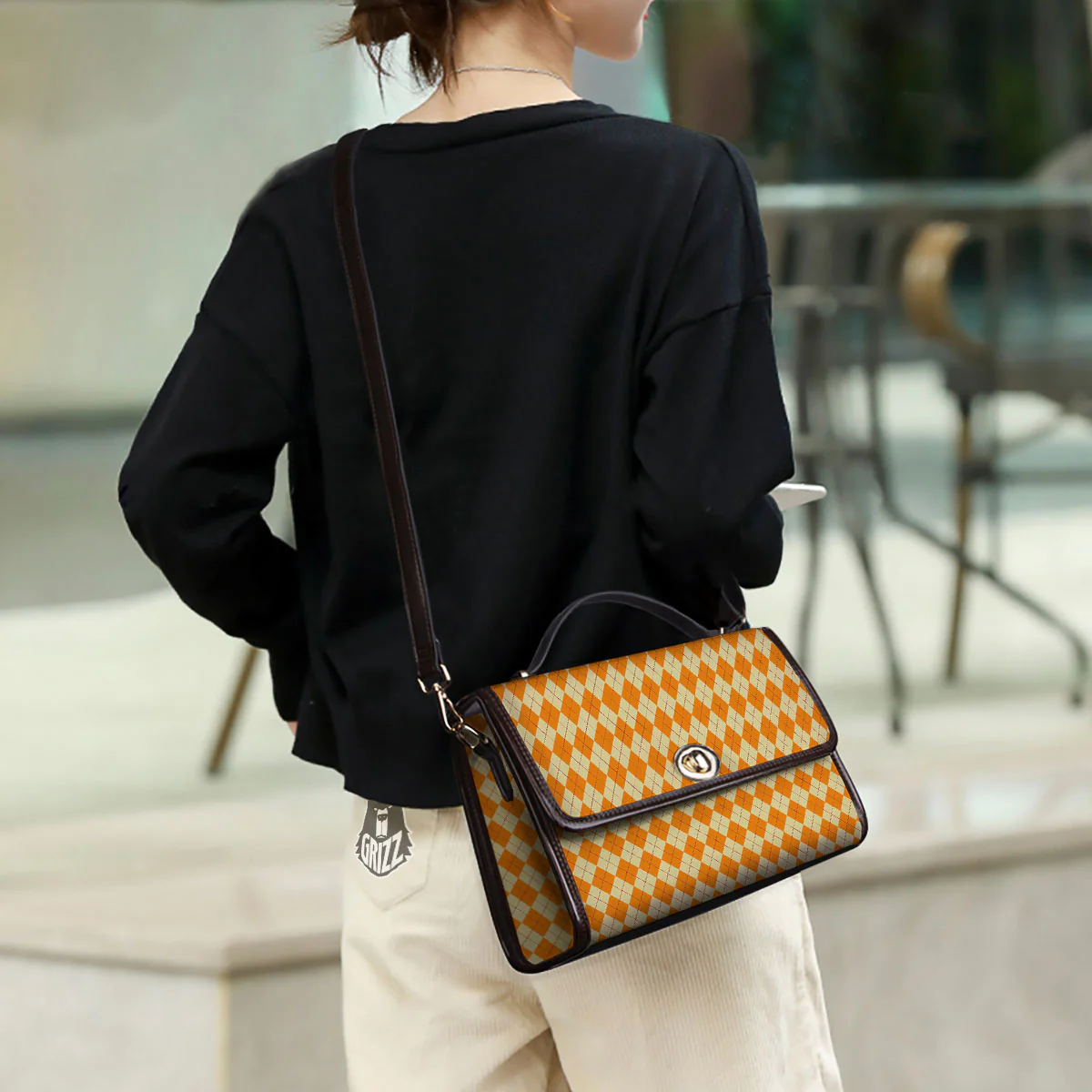 Argyle Orange Print Pattern Women's Satchel Bag - Image 3