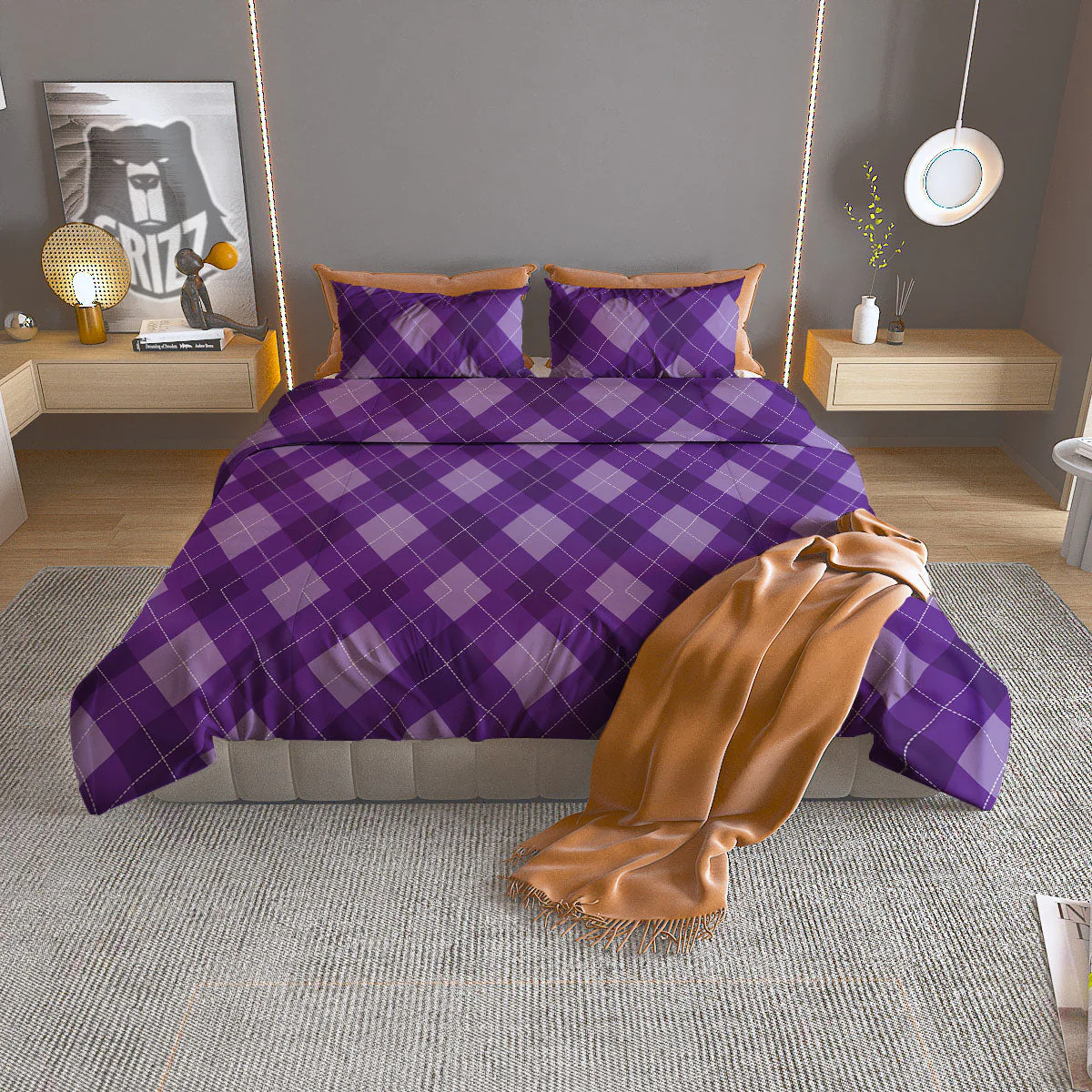 Argyle Purple Print Pattern Duvet Cover Bedding Set