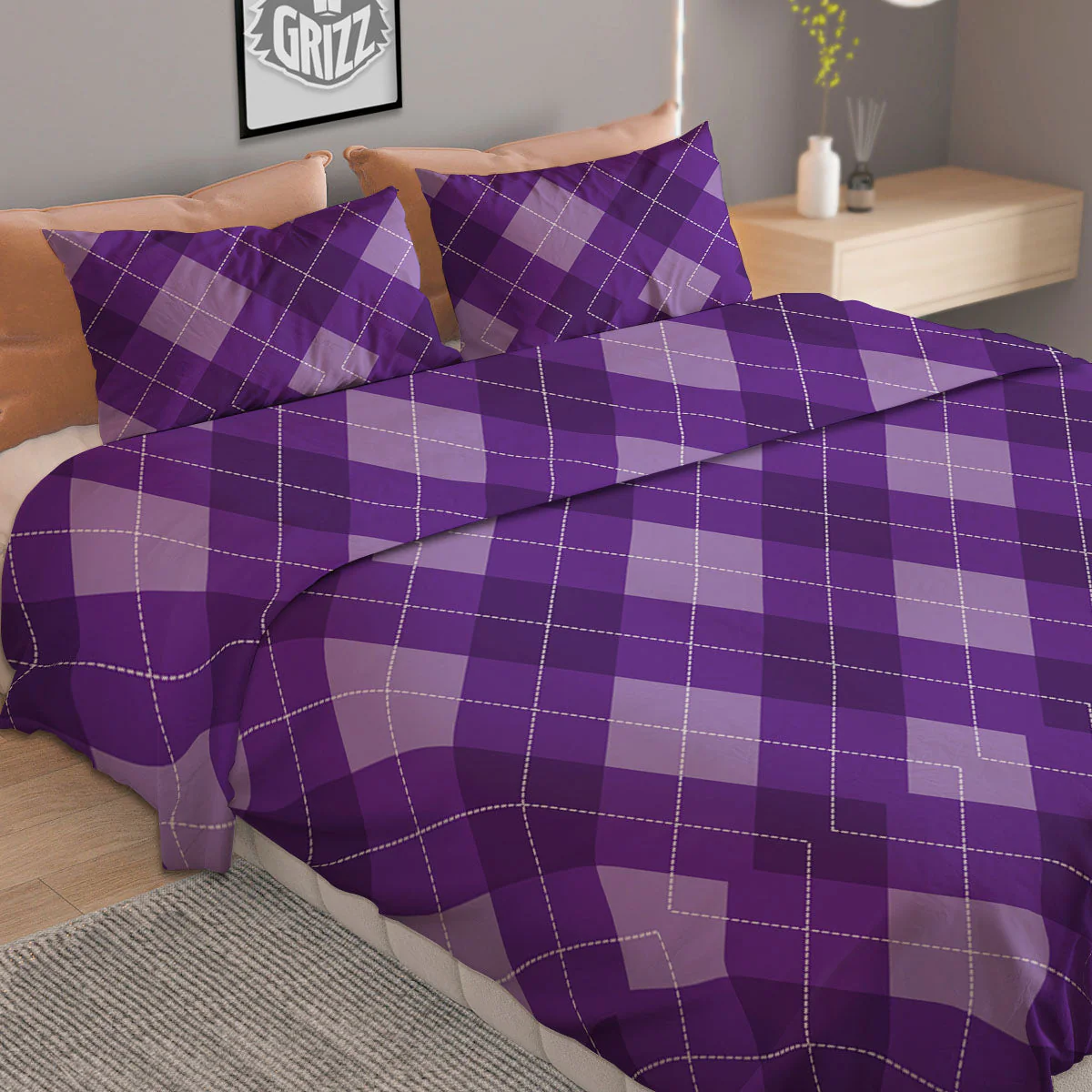 Argyle Purple Print Pattern Duvet Cover Bedding Set - Image 2