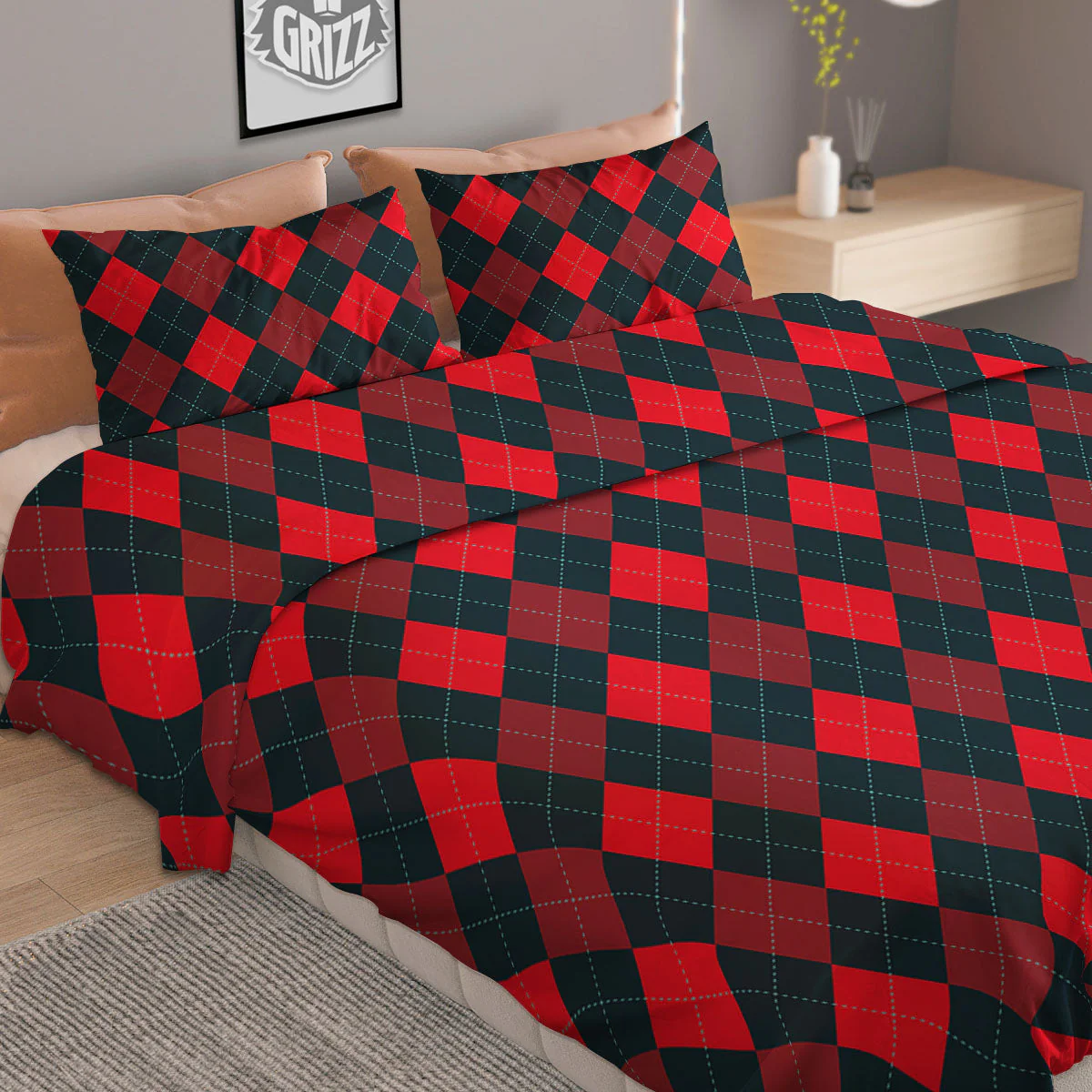 Argyle Red And Black Print Pattern Duvet Cover Bedding Set - Image 2
