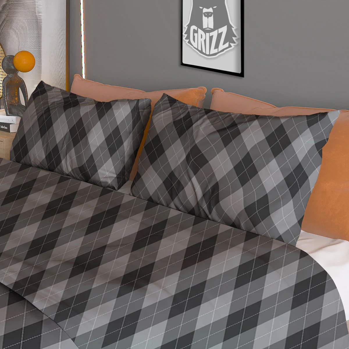 Argyle Shadow Grey Print Pattern Duvet Cover Bedding Set - Image 3