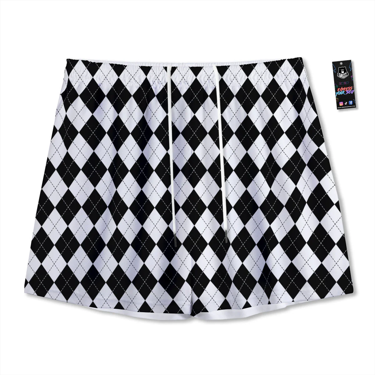 Argyle White And Black Print Pattern Mesh Shorts