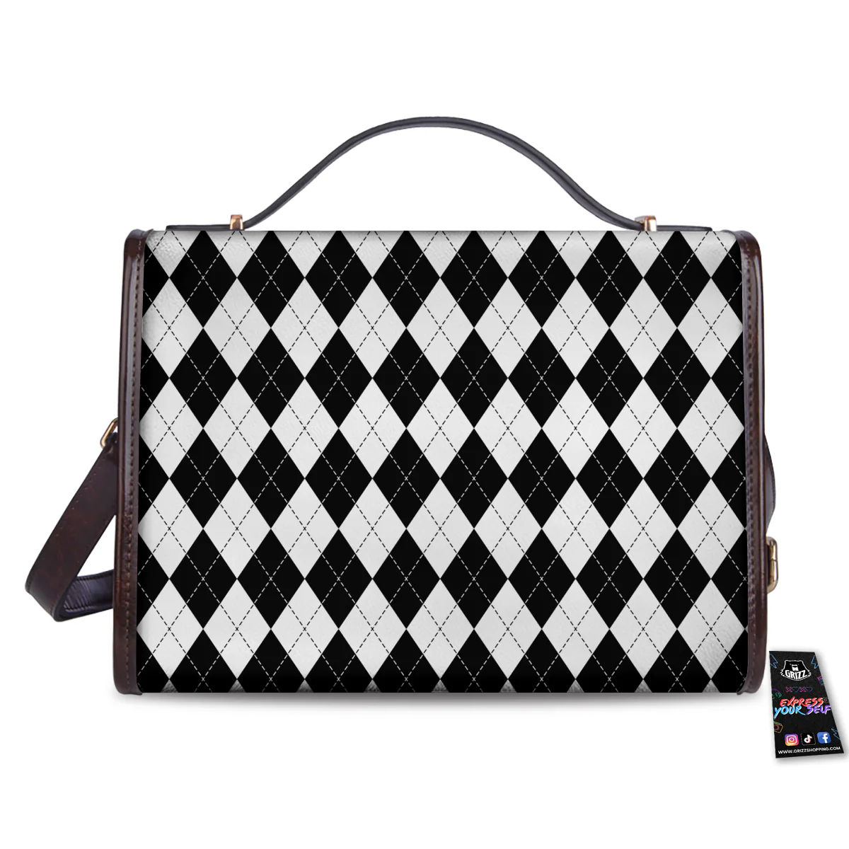 Argyle White And Black Print Pattern Women's Satchel Bag - Image 2