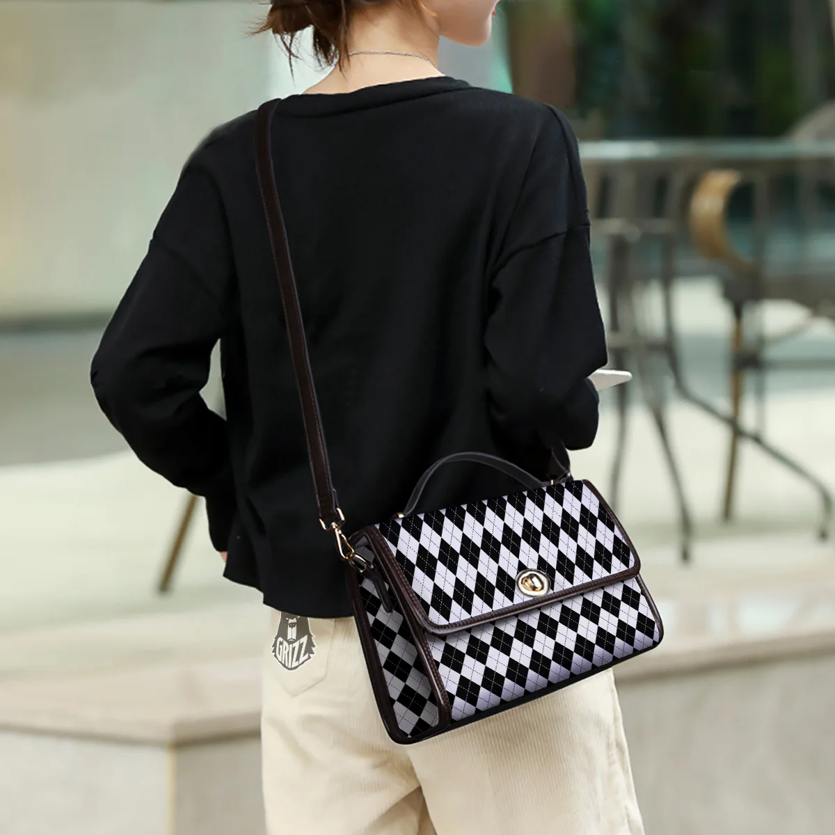Argyle White And Black Print Pattern Women's Satchel Bag - Image 3