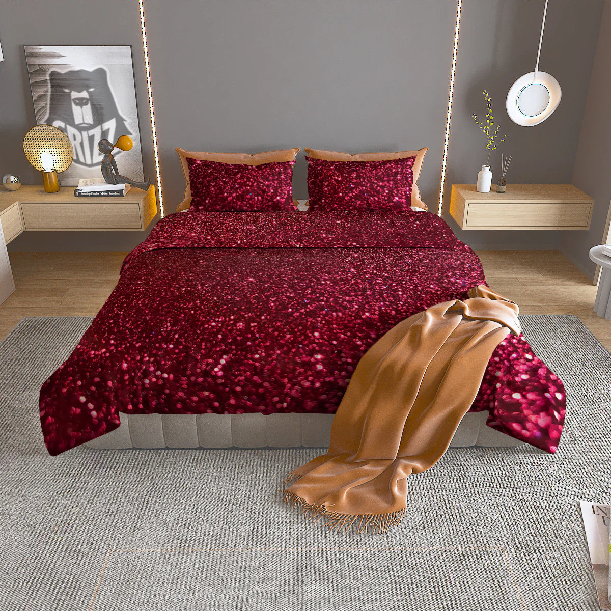 Artwork Burgundy Glitter Print Duvet Cover Bedding Set