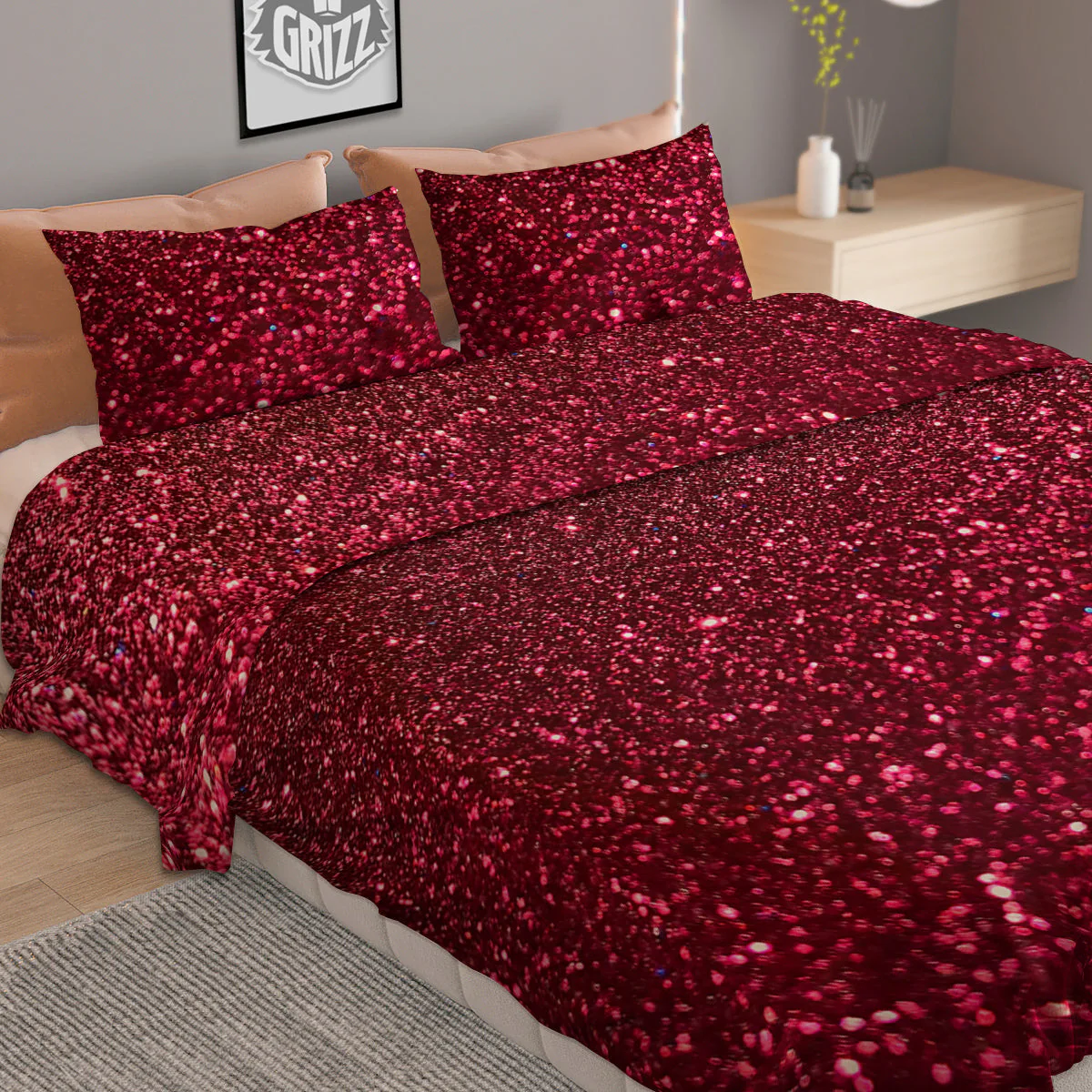 Artwork Burgundy Glitter Print Duvet Cover Bedding Set - Image 2
