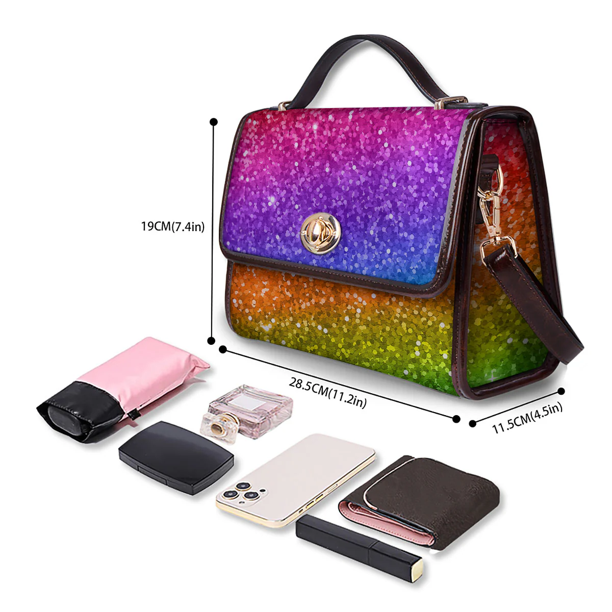 Artwork Rainbow Glitter Print Women's Satchel Bag - Image 4