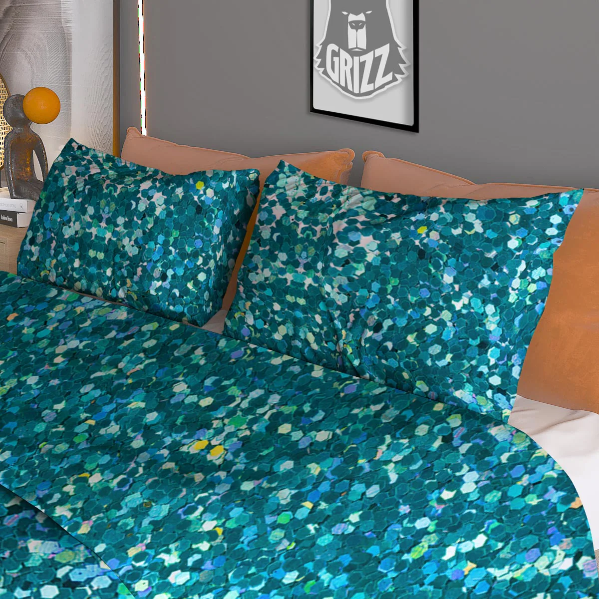 Artwork Teal Glitter Print Pattern Duvet Cover Bedding Set - Image 3
