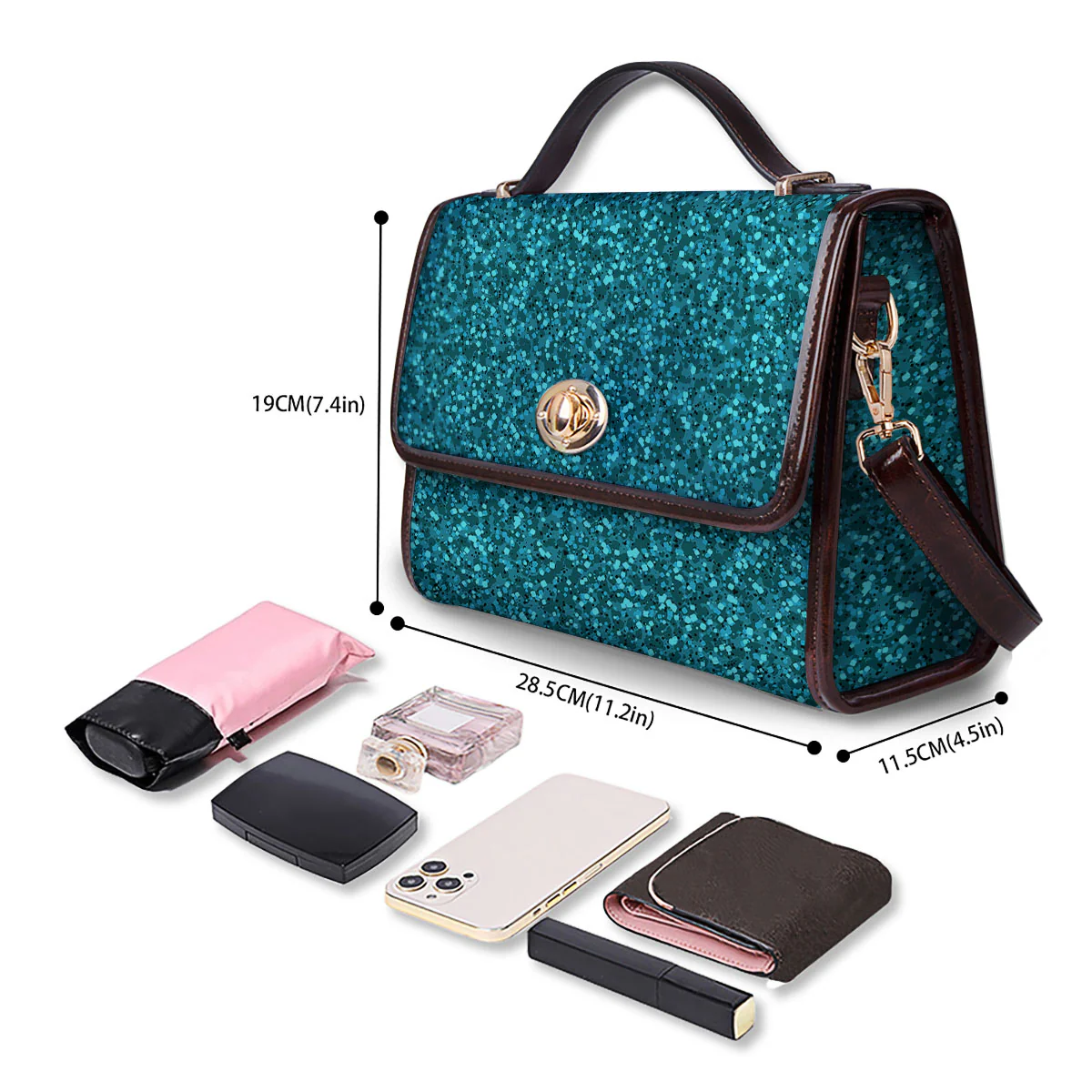 Artwork Turquoise Glitter Print Pattern Women's Satchel Bag - Image 4