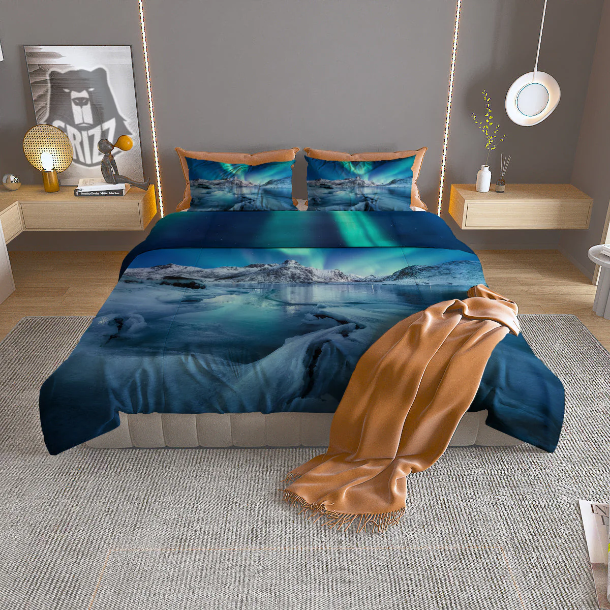 Aurora Borealis Blue Print Duvet Cover Bedding Set