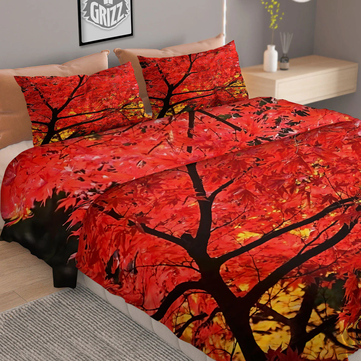 Autumn Trees Red Print Duvet Cover Bedding Set - Image 2