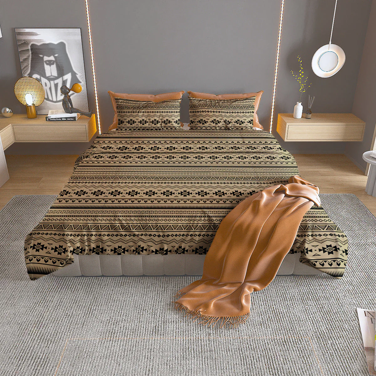 Aztec Beige And Black Print Pattern Duvet Cover Bedding Set
