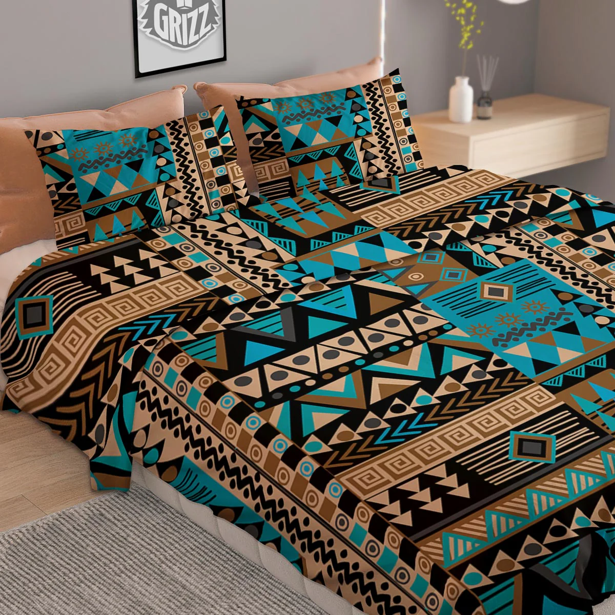 Aztec Brown And Teal Print Pattern Duvet Cover Bedding Set - Image 2
