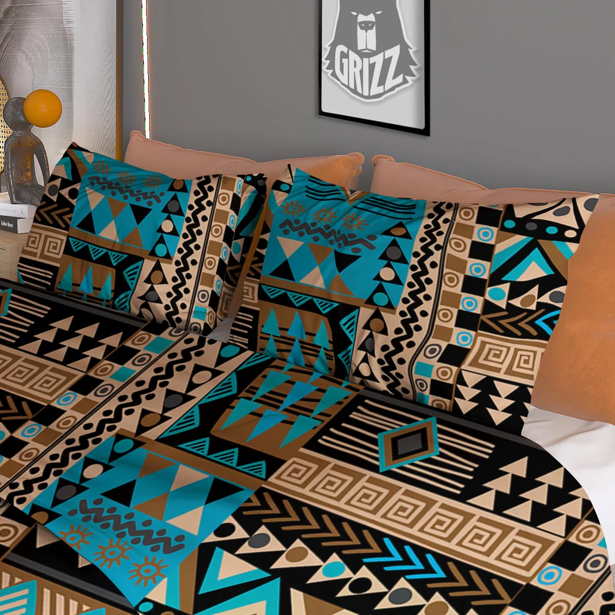 Aztec Brown And Teal Print Pattern Duvet Cover Bedding Set - Image 3