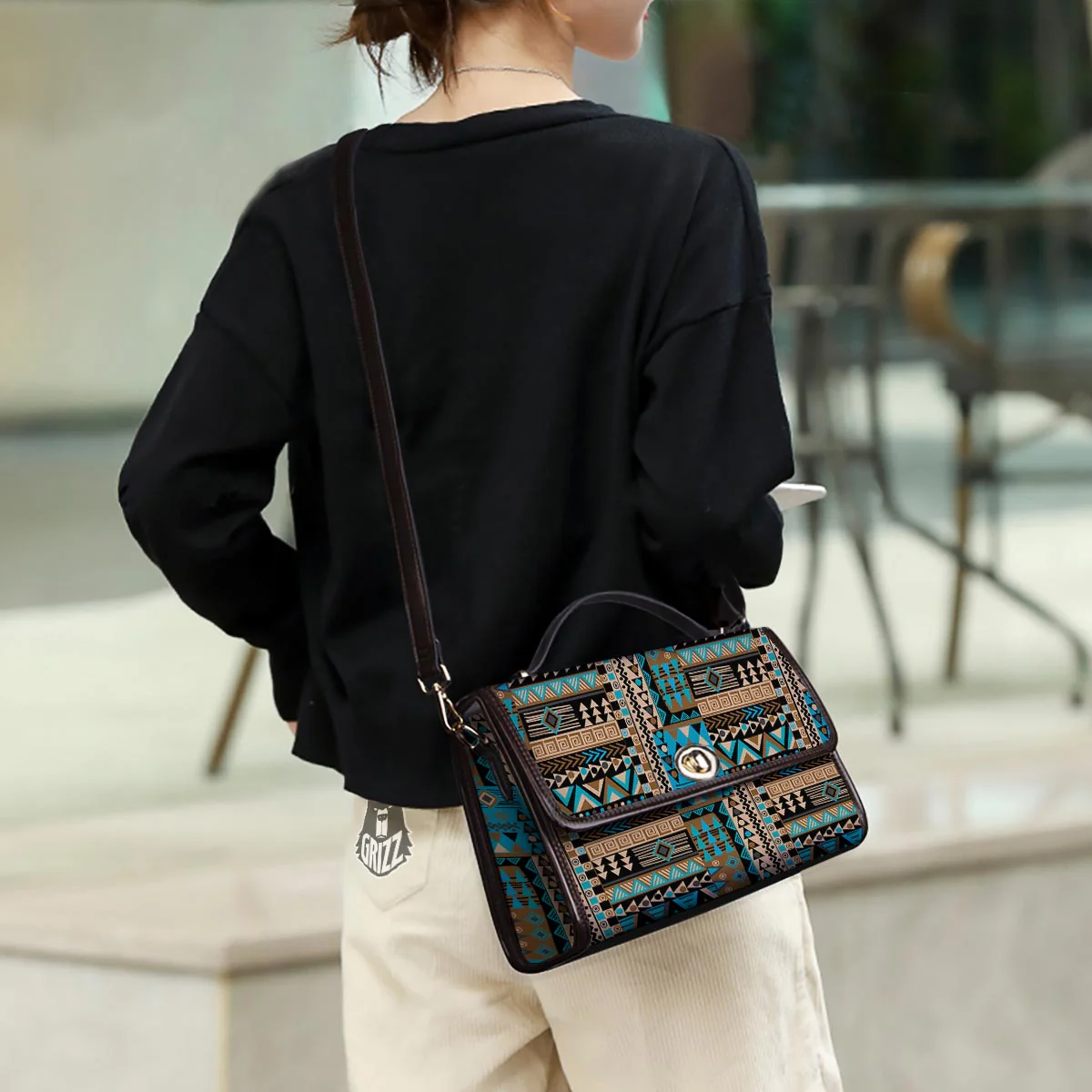 Aztec Brown And Teal Print Pattern Women's Satchel Bag - Image 3