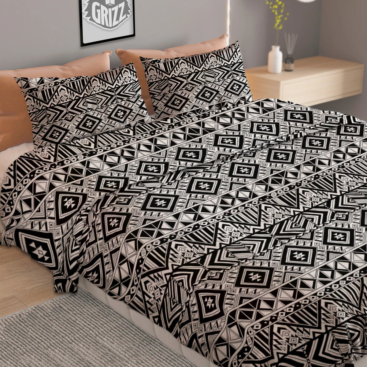 Aztec Ethnic White And Black Print Duvet Cover Bedding Set - Image 2