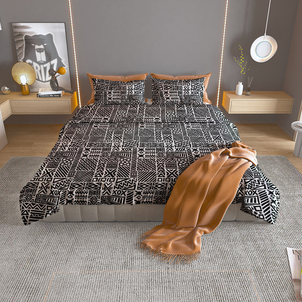 Aztec Geometric White And Black Print Duvet Cover Bedding Set