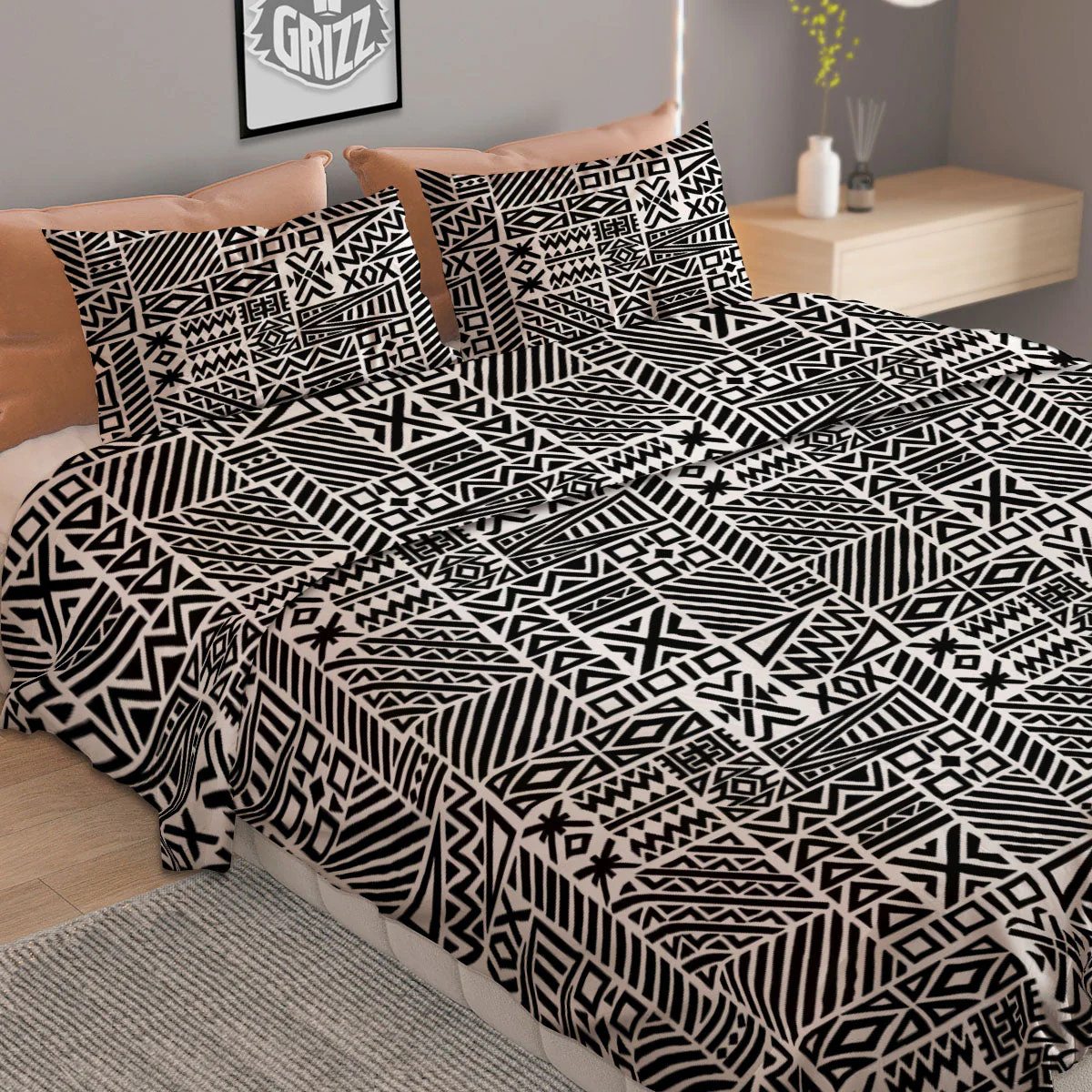 Aztec Geometric White And Black Print Duvet Cover Bedding Set - Image 2