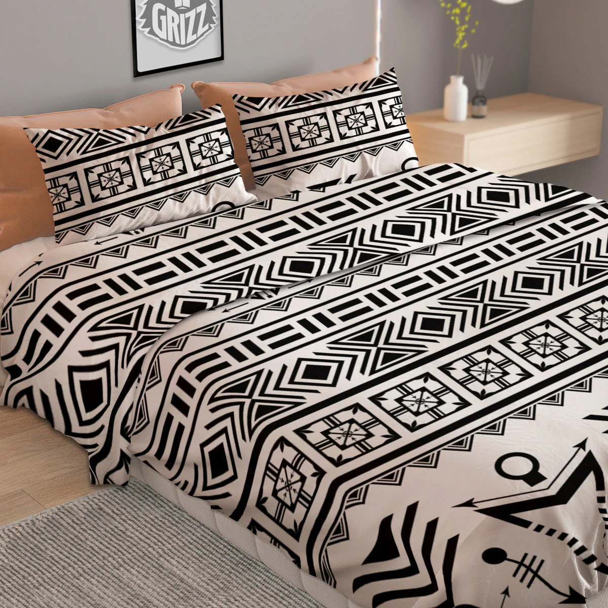 Aztec Grey And White Print Pattern Duvet Cover Bedding Set - Image 2