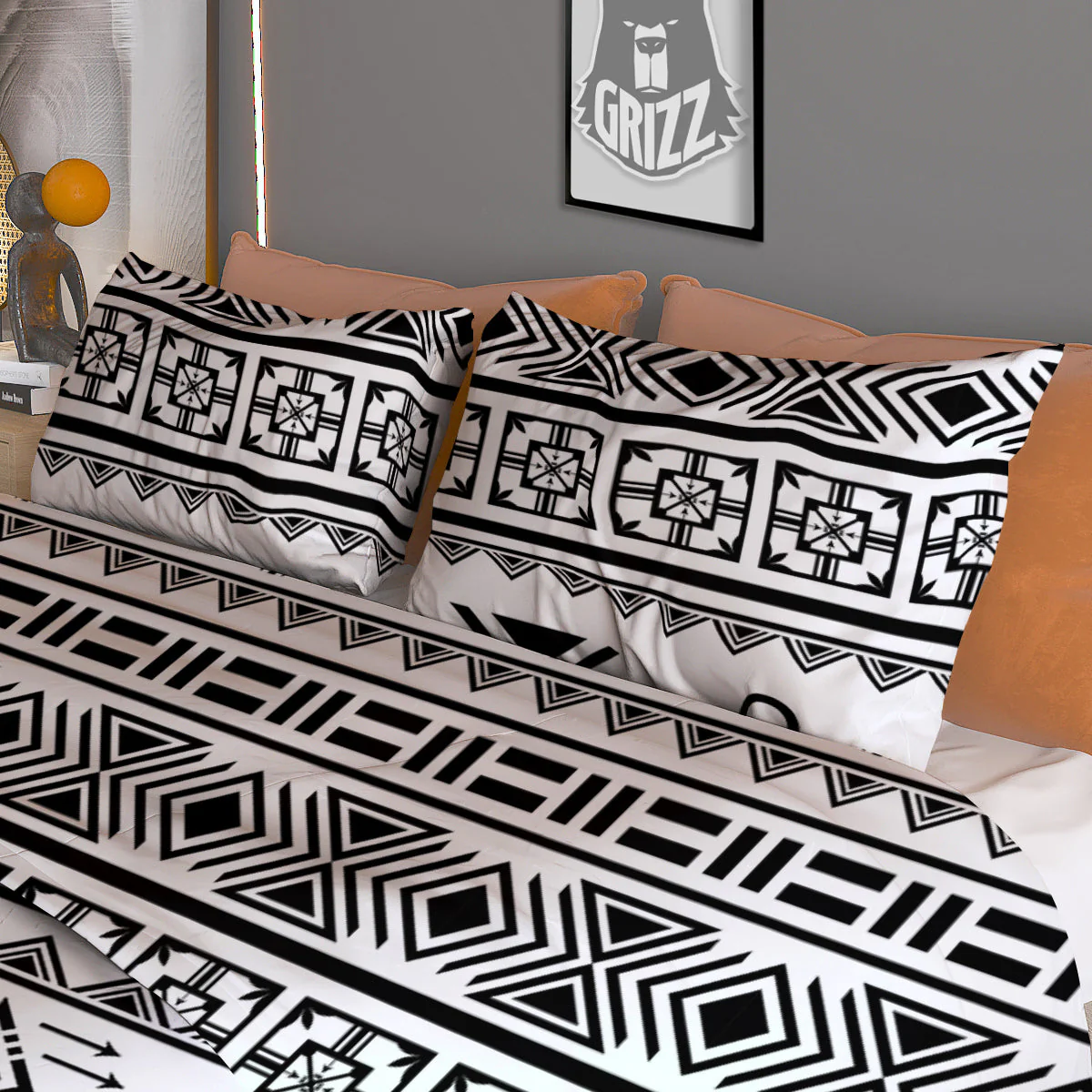 Aztec Grey And White Print Pattern Duvet Cover Bedding Set - Image 3